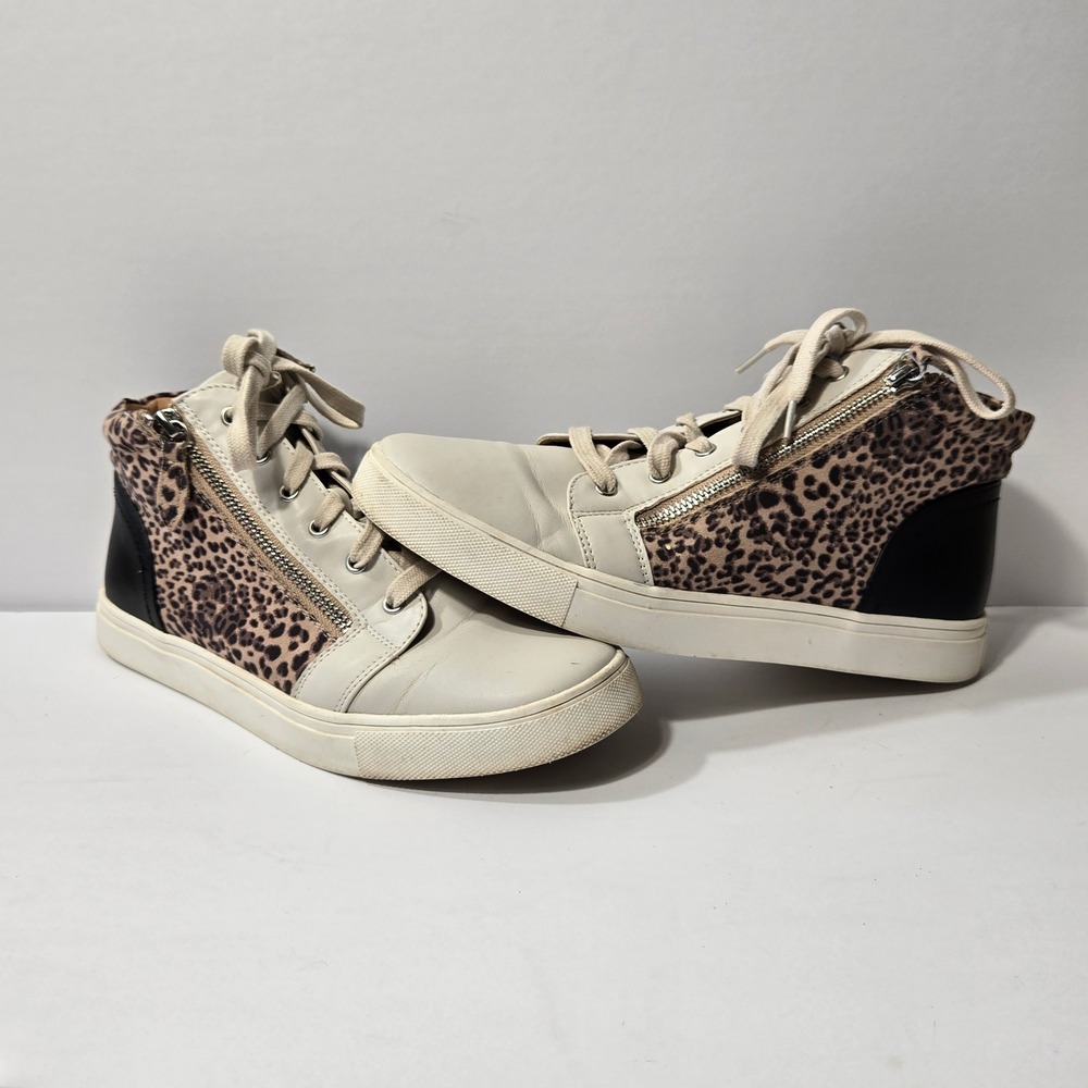 Alison Womens 9 Leopard Print High Top Sneakers Off White Dual Zip‎ Laced Shoes